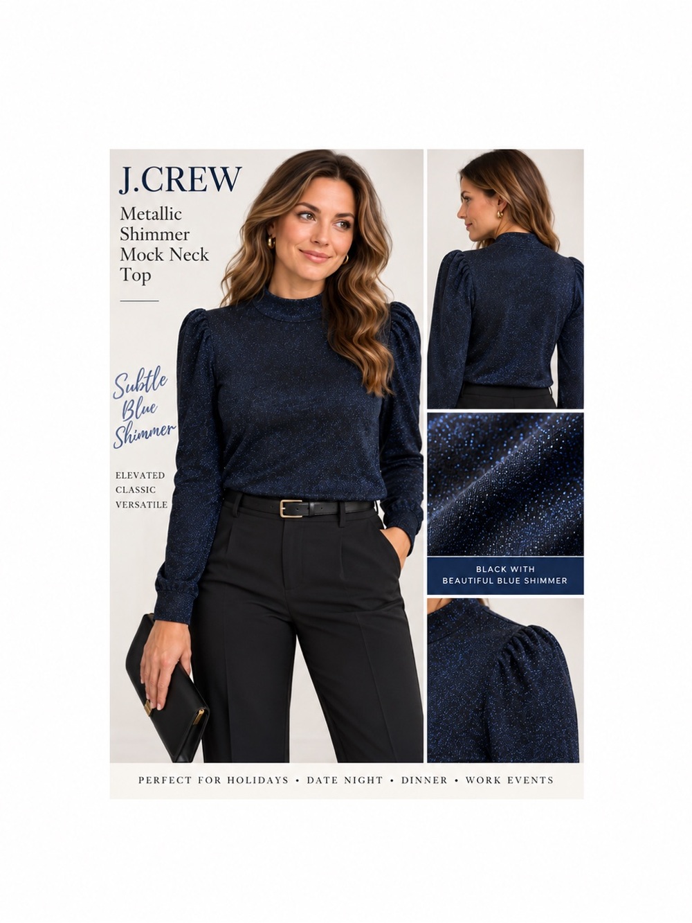 J.Crew Black Blue Metallic Shimmer Puff Sleeve Mock Neck Top M